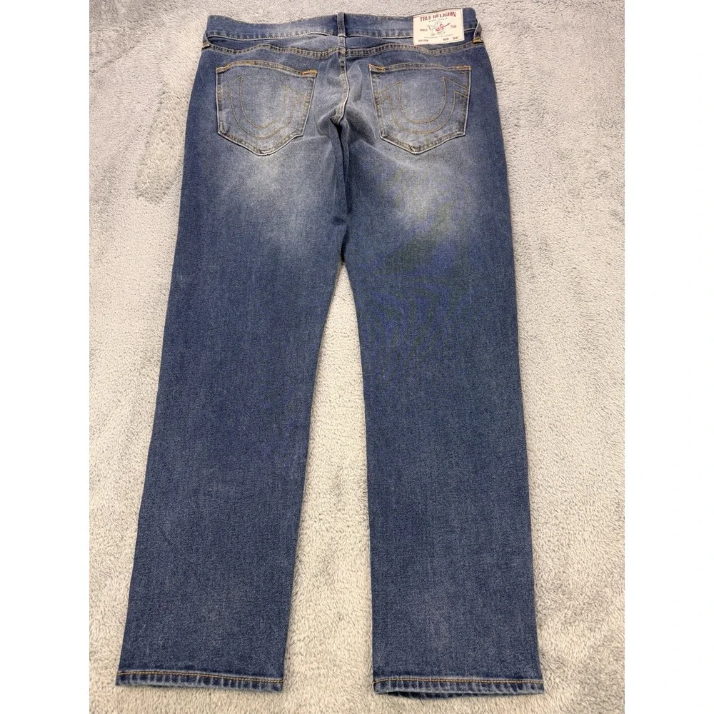 True Religion Geno Jeans Men 36x32 Blue Relaxed Slim‎ Distress Whiskered Denim